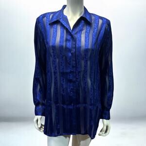 Ship'n Shore Royal Blue Striped Semi-Sheer Polyester Button Down Blouse Size M